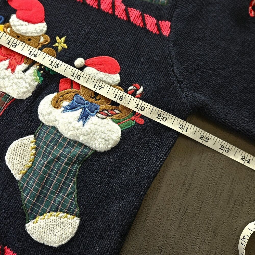 Vtg Christmas Cardigan Womens M Embroidered Teddy Bear Stockings Black Novelty - Picture 6 of 8